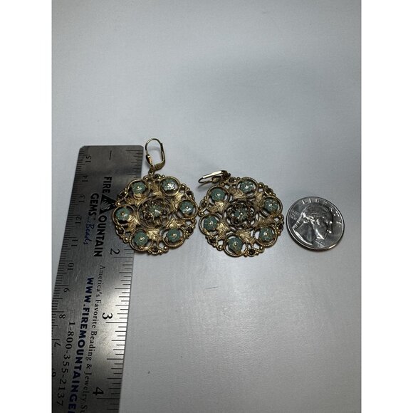 Vintage Gold Filigree Drop Earrings Turquoise Enamel Floral Boho Statement - Picture 6 of 8